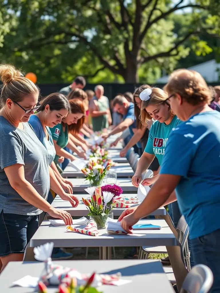 Volunteers assisting with the setup of an ILLIFEST community event, demonstrating the organization's emphasis on community involvement and collaboration.