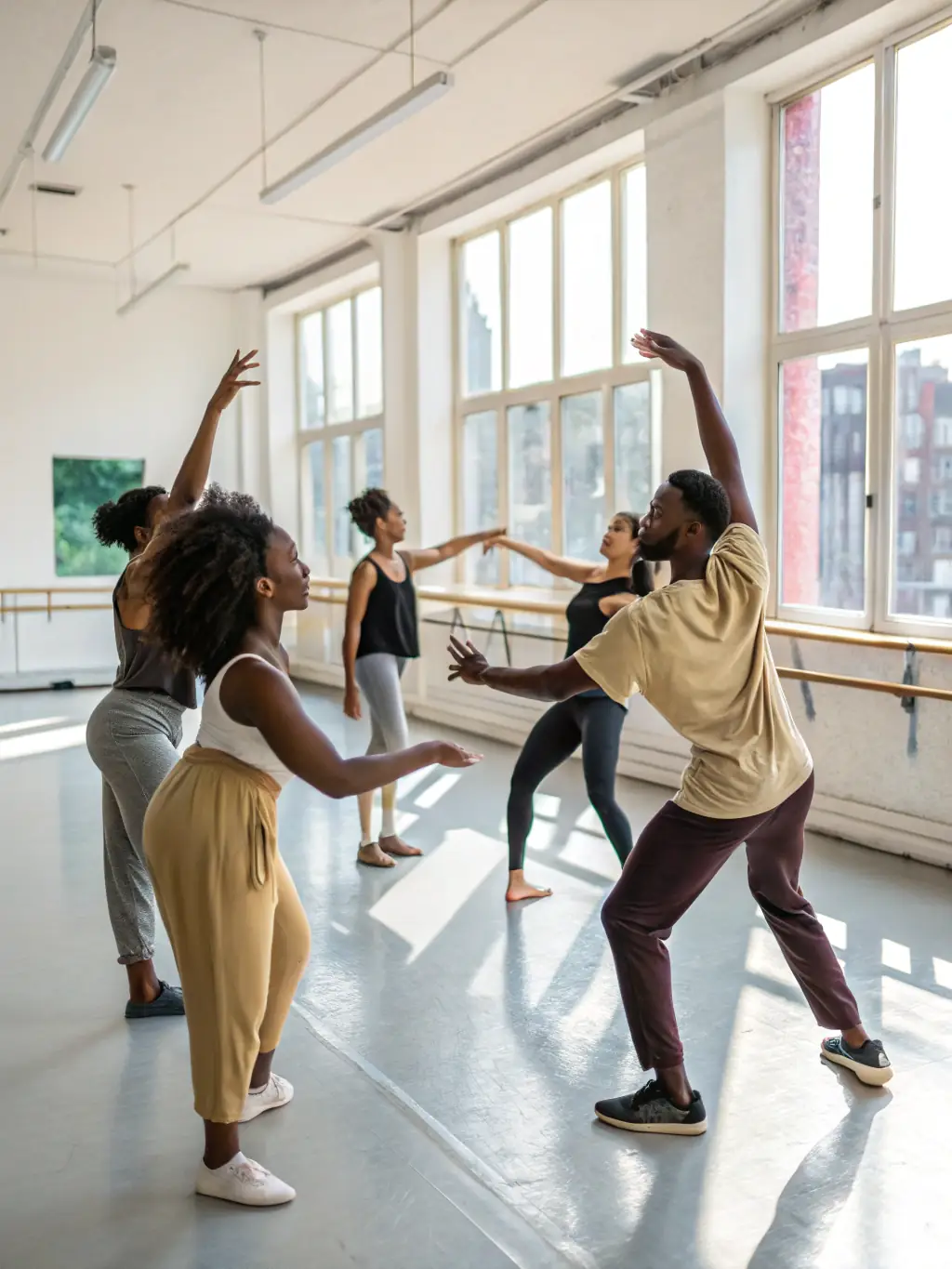 A diverse group of people participating in a dance workshop, with an instructor leading the session, showcasing ILLIFEST's cultural dance workshop.