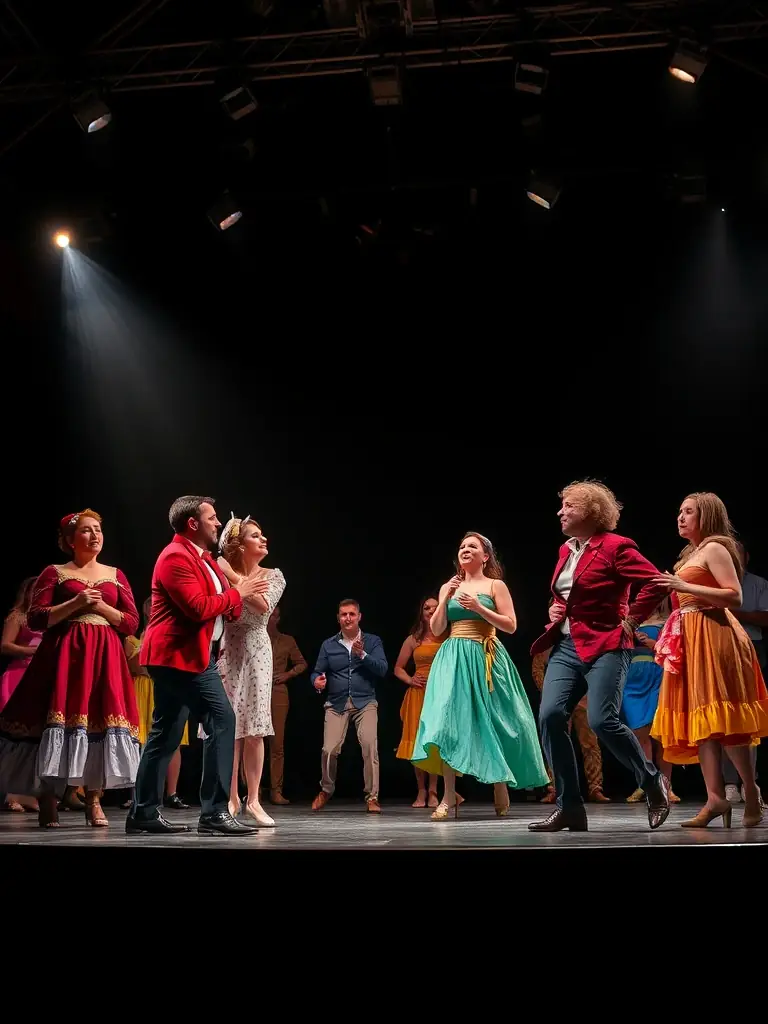 A photo of a theater stage set for a play, with actors in costume rehearsing, representing ILLIFEST's upcoming theatrical performance.