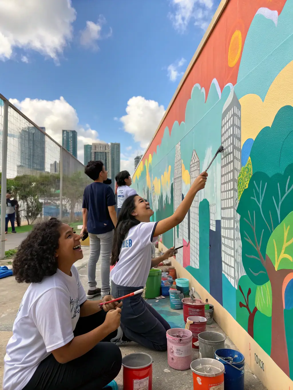 A group of artists painting a large mural on a building wall, with community members participating and children laughing, illustrating ILLIFEST's community art project.