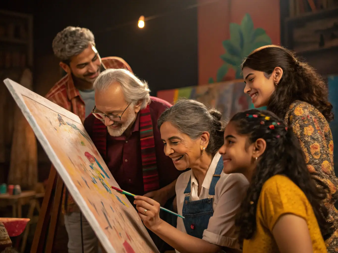 A vibrant photograph capturing a community art workshop in progress, showcasing participants of diverse ages and backgrounds engaged in painting and creative expression, reflecting ILLIFEST's commitment to fostering local creativity.