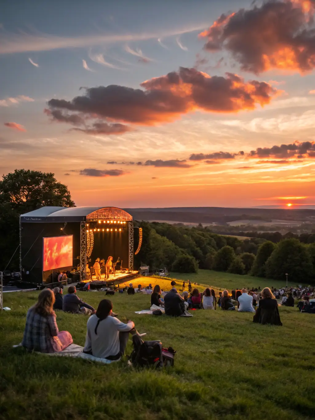 A vibrant outdoor music festival scene at sunset, showcasing a local band performing on a brightly lit stage with an enthusiastic crowd in the foreground, representing ILLIFEST's annual summer music event.