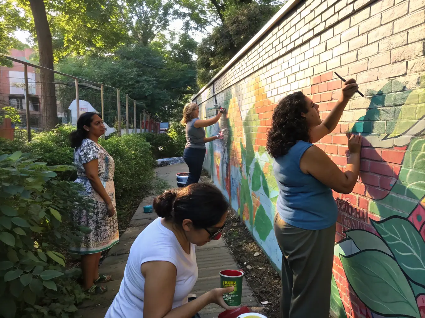 A heartwarming photo of volunteers and community members collaborating on a public mural project, symbolizing ILLIFEST's dedication to community engagement and enhancing the local environment.