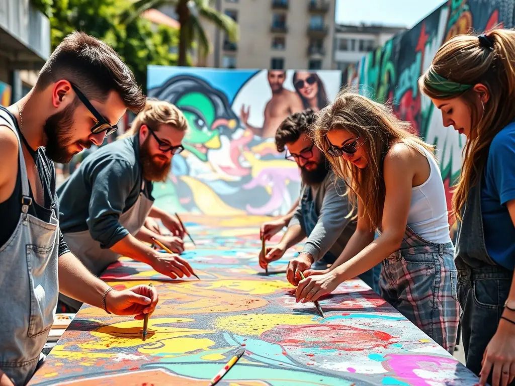 A vibrant image depicting a group of local artists collaborating on a mural in Illifaut, showcasing the community spirit and artistic talent fostered by ILLIFEST's art programs.
