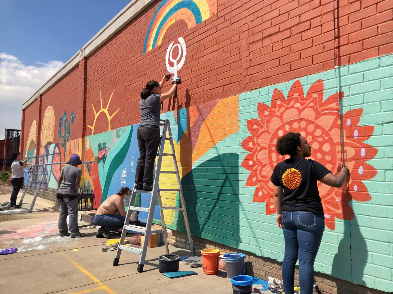 A vibrant image depicting a group of local artists collaborating on a mural in Illifaut, showcasing the community spirit and artistic talent fostered by ILLIFEST's programs.